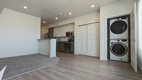 A living room with a washer and dryer